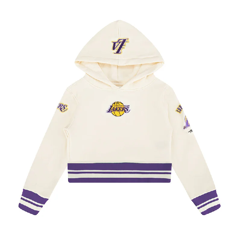 NBA LOS ANGELES LAKERS RETRO CLASSIC LITTLE GIRLS  RIB FLC PO HOODIE (EGGSHELL/ PURPLE) Hoodie with Relaxed Fit Easy Casual