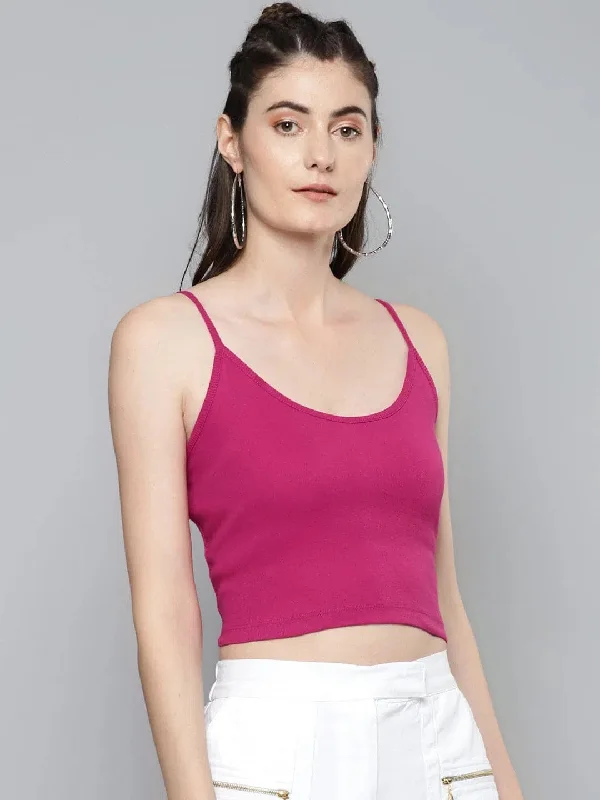 Fuchsia Strappy Crop Top Mesh Blend Leather Blend Suede Blend