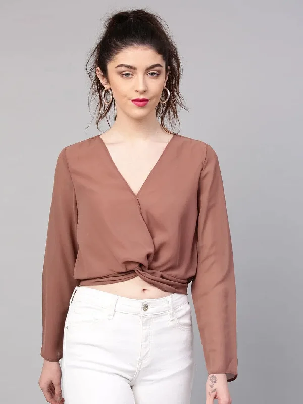 Rosewood Front Twist Crop Top Notch Collar Peter Pan Collar Cowl Neck