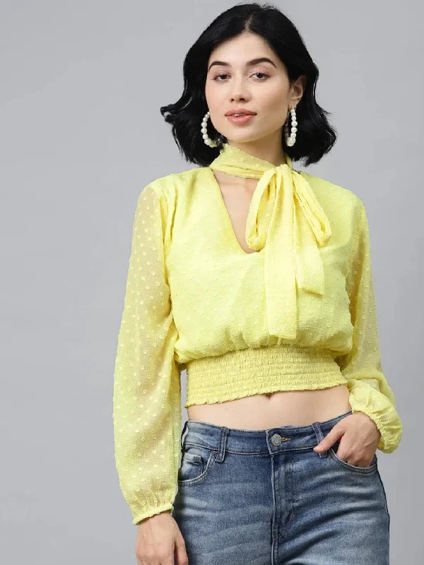 Yellow Front Bow Smocking Crop Top Collared Crop Top Boat Neck A-Line