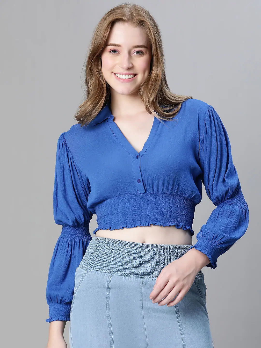 Women blue open collared long sleeve elasticated crop top Fashionable Trendy Casual