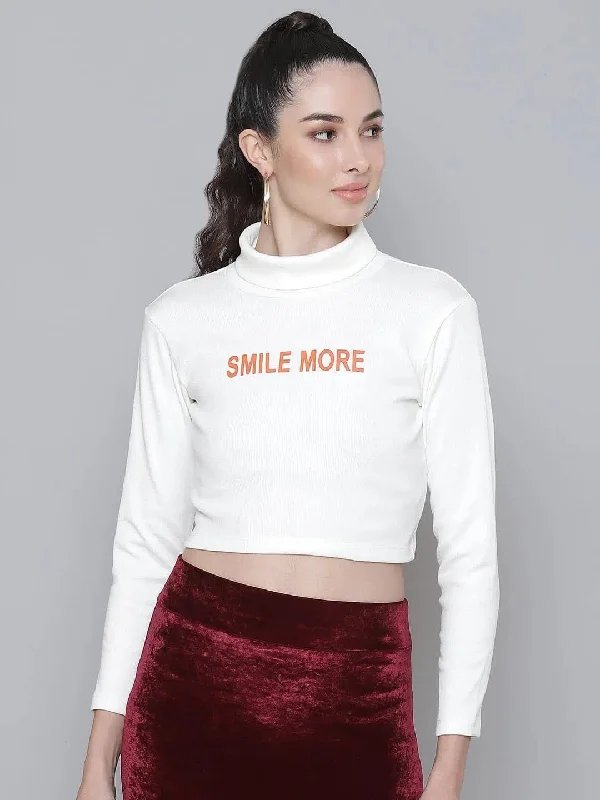 White Rib SMILE MORE Turtle Neck Crop Top Machine Wash Dry Clean Hand Wash