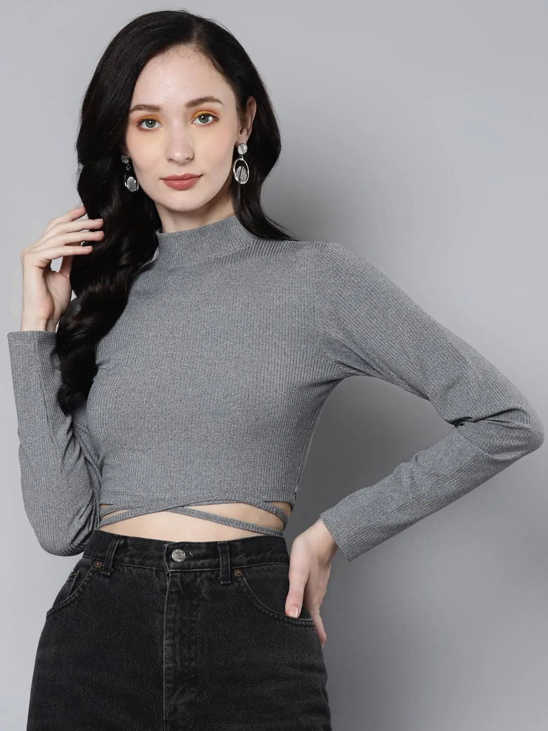 Women Light Grey Rib Waist Tie Crop Top Houndstooth Herringbone Solid