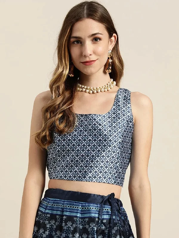 Indigo Floral Geo Print Sleeveless Crop Top Houndstooth Herringbone Solid