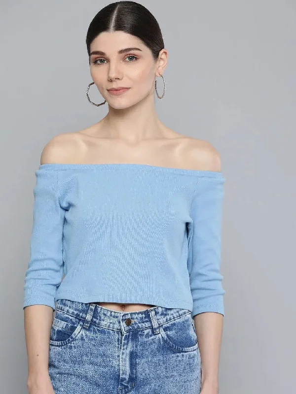 Blue Bardot Crop Top Front Pockets Side Pockets Patch Pockets