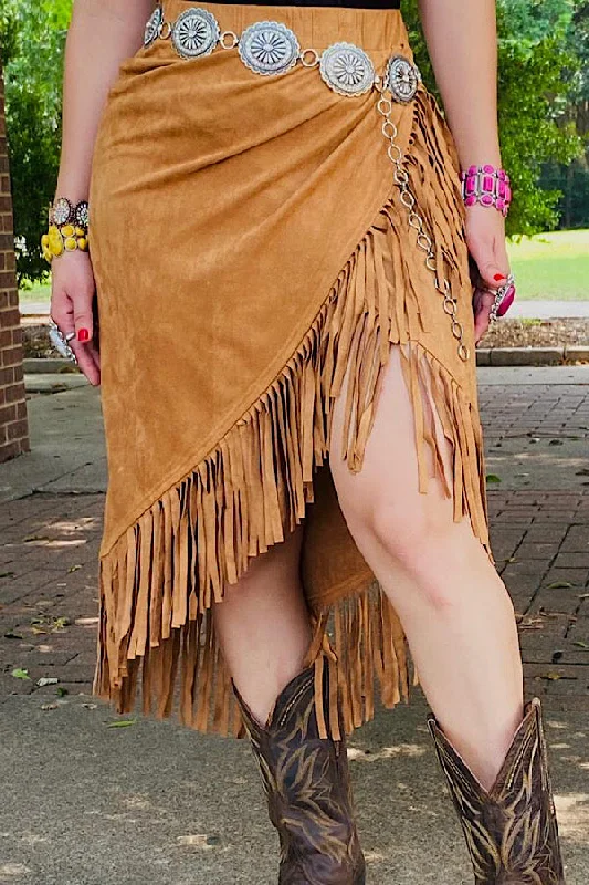 XCH13467S Tan suede fringe tassel skirt tiered skirt playful