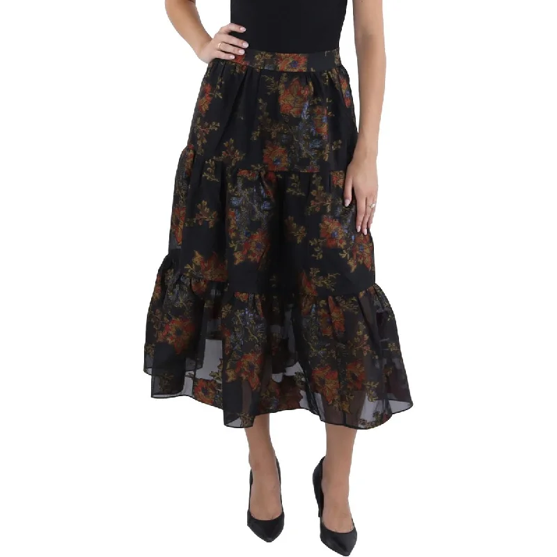 Womens Floral Print Tiered Midi Skirt corduroy skirt textured