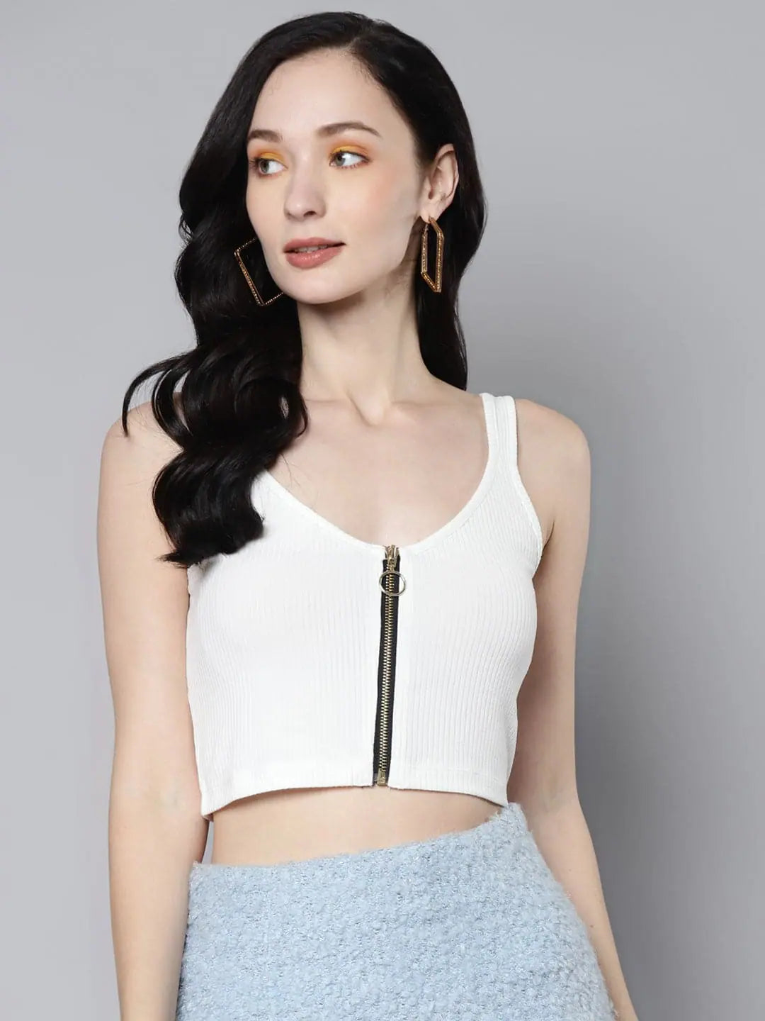 Women White Rib Front Zipper Crop Top Elasticated Padded Insulated