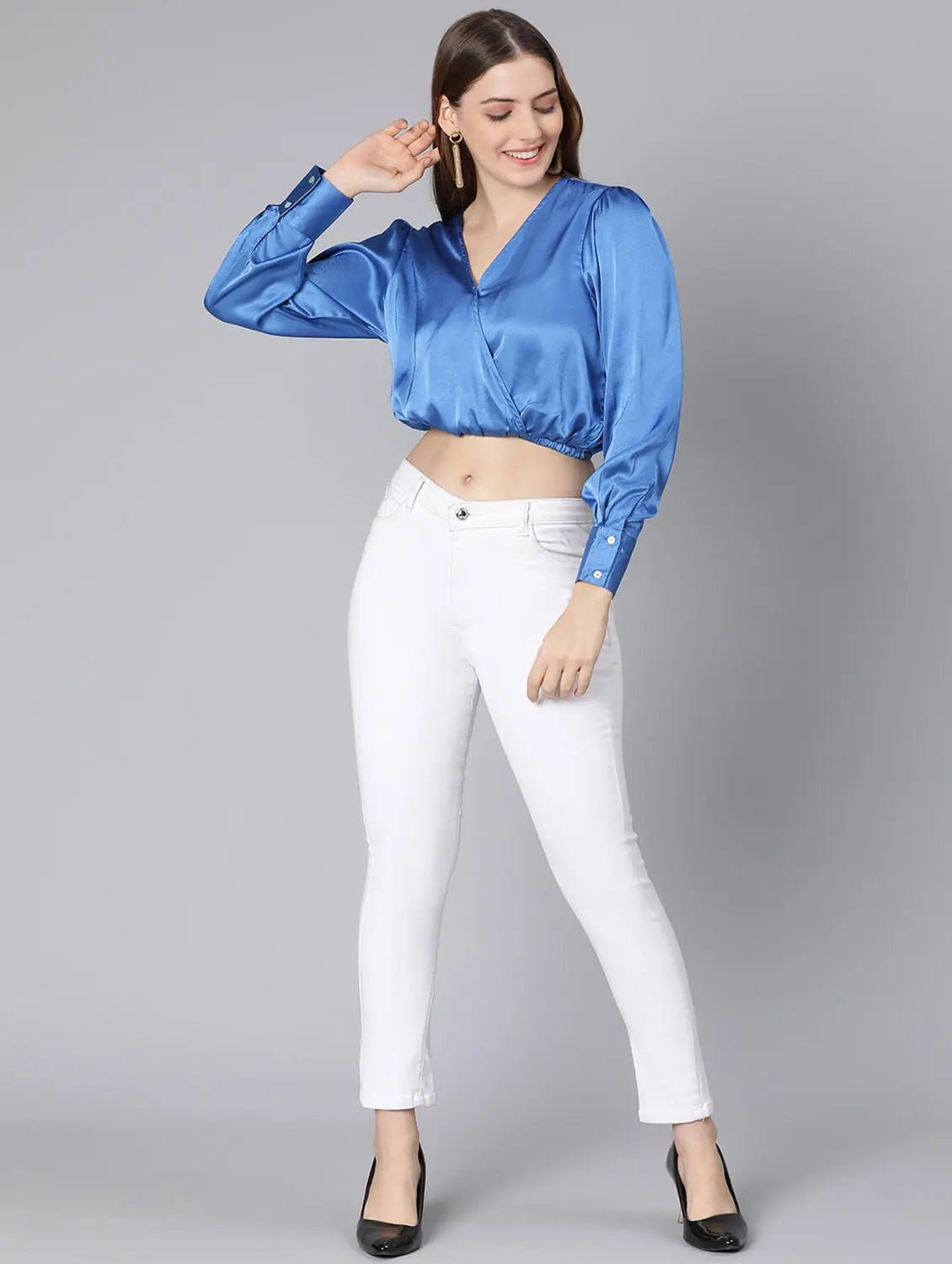 Party Wear Solid Blue Elasticated Women Partywear Satin Crop Top-SS22035WBL003_XL Cozy Warm Stylish