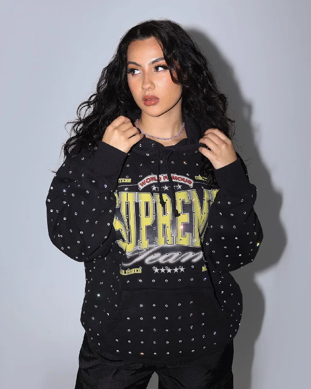 Supreme Rhinestone Hoodie Sweatshirt Black Hoodie with Cuffed Sleeves Snug Secure