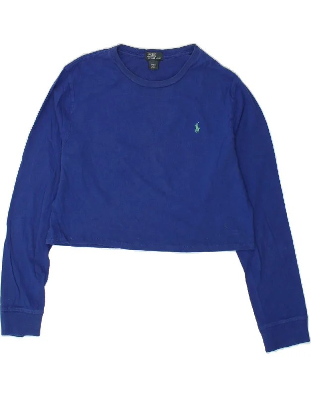 POLO RALPH LAUREN Girls Crop Top Long Sleeve 15-16 Years Blue Cotton Ribbed Crop Top High Neck Heavyweight