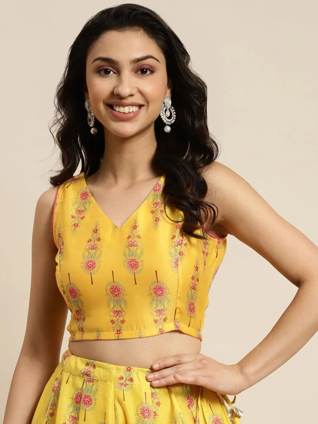 Women Yellow Floral Sleeveless Crop Top Casual Formal Business