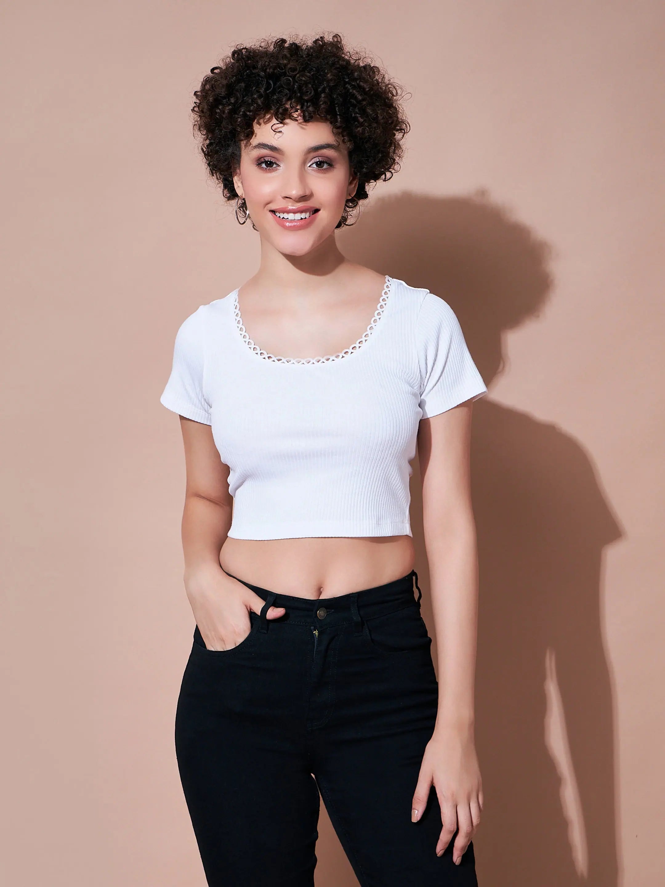 Women White Rib Round Neck Crop Top Iron Safe Non-Iron Wrinkle Free