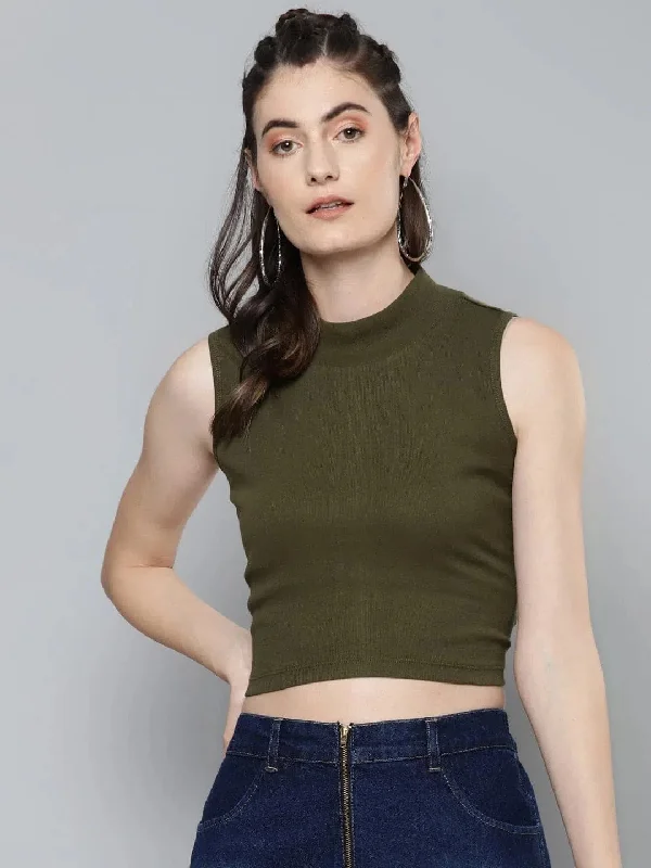 Olive High Neck Crop Top Graphic Embroidered Appliqued