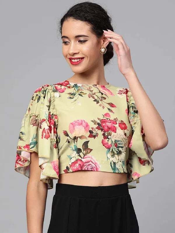 Green Floral Flare Sleeve Crop Top Solid Print Embellished