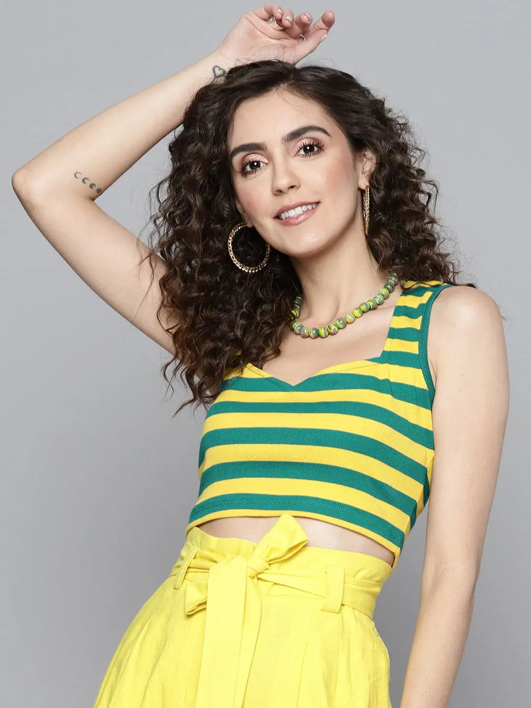 Women Green & Yellow Rib Sweetheart Neck Crop Top Sequined Glittery Shiny