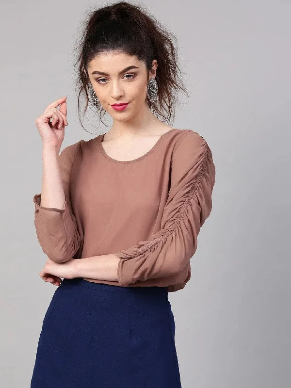 Rosewood Ruched Sleeves Crop Top Chenille Blend Fleece Blend Nylon Blend