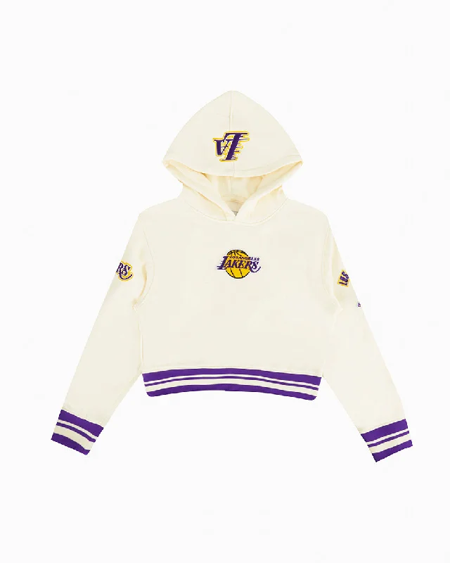 NBA LOS ANGELES LAKERS RETRO CLASSIC BIG GIRLS  RIB FLC PO HOODIE (EGGSHELL/ PURPLE) Hoodie with Hem Fringe Bohemian Relaxed