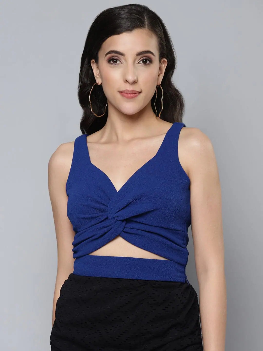 Women Royal Blue Front Twisted Knot Crop Top Polka Dot Checkered Tartan