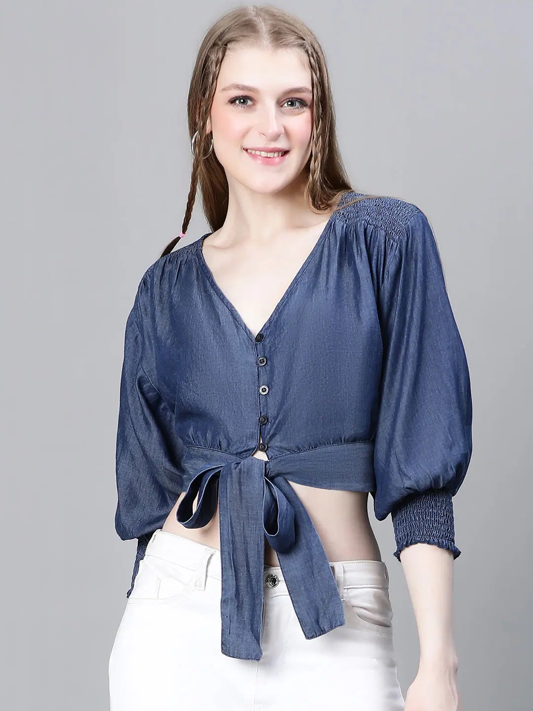 Women Blue V-Neck Tie-Up & Buttoned Long Sleeve Crop Top Terry Blend Velvet Blend Canvas Blend