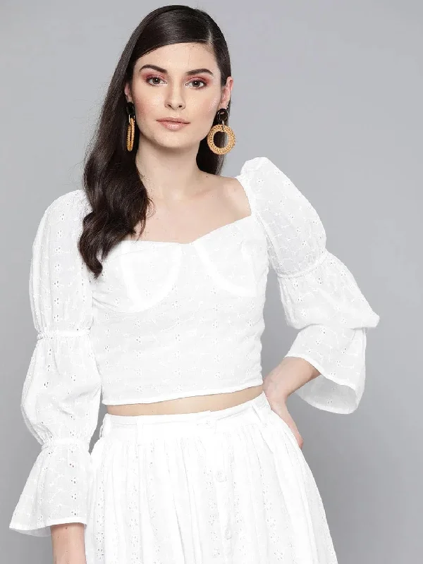 White Schiffli Bishop Sleeve Crop top Print Jacquard Patchwork