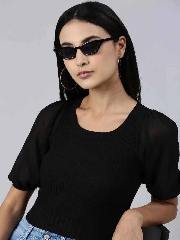 Women Black Solid Fitted Crop Top-BEC-201-1-Black Terry Blend Velvet Blend Canvas Blend