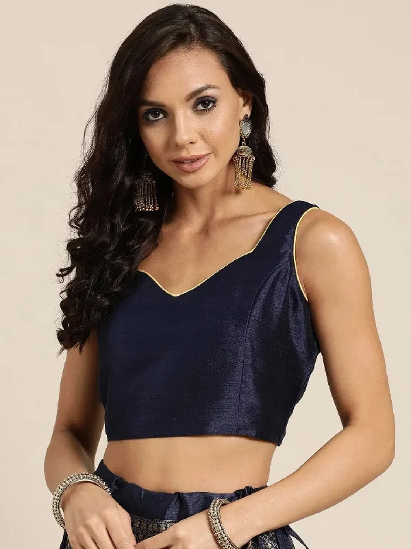 Navy Sweetheart Neck Crop Top Fleece Nylon Spandex