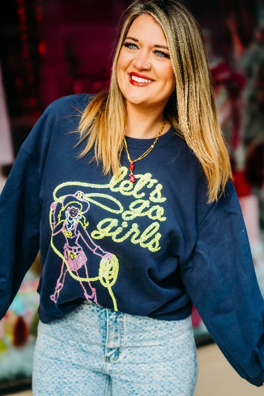 Queen of Sparkles: Navy 'Lets Go Girls' Lasso Cowgirl Sweatshirt Hoodie with Fur Luxurious Winter