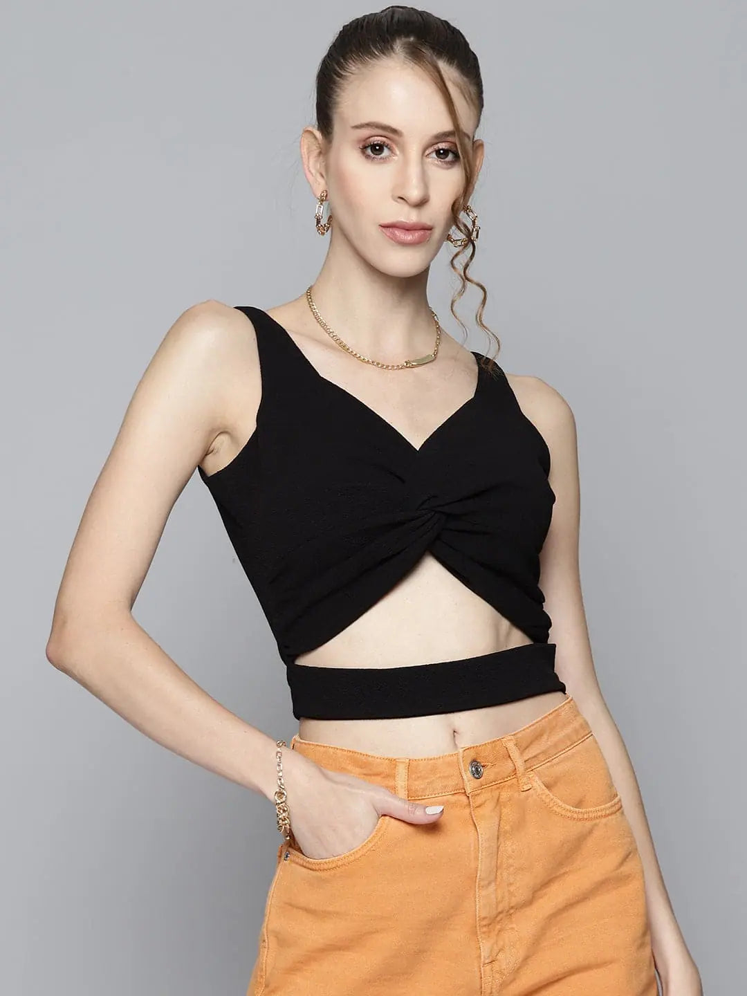 Women Black Front Twisted Knot Crop Top Crop Top Seamless Stretchy