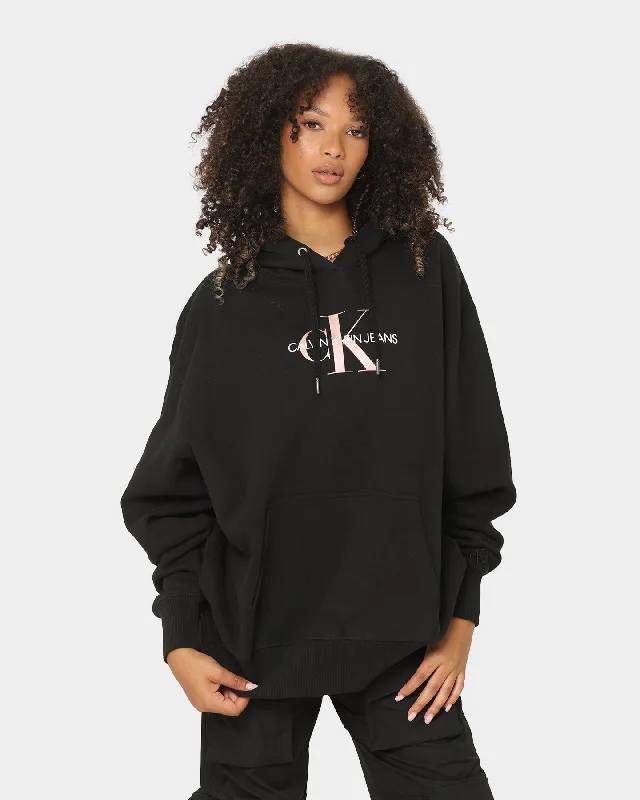 Calvin Klein Women's Mid Scale Monogram Hoodie Black Hoodie with Hood Adjustable Protection