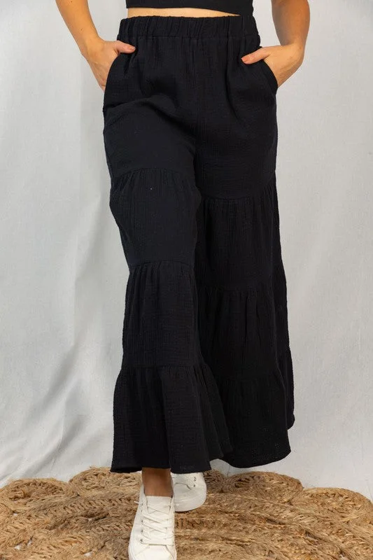 Hazel Blues® |  Ruffle Tiered Pull on Pants in Black Denim High-Waisted,