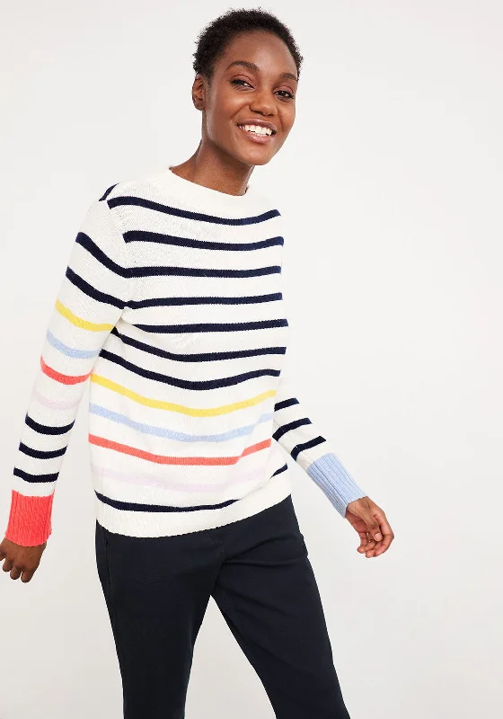 White Stuff Rainbow Stripe Jumper, Cream Multi Boat Neck Shawl Collar Notched Collar