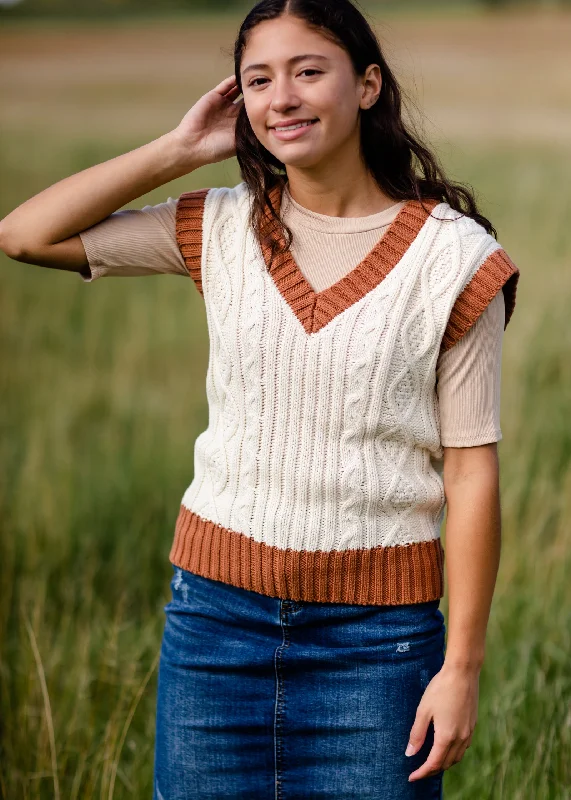 Camel Trimmed V Neck Sweater Vest - FINAL SALE Solid Print Embellished