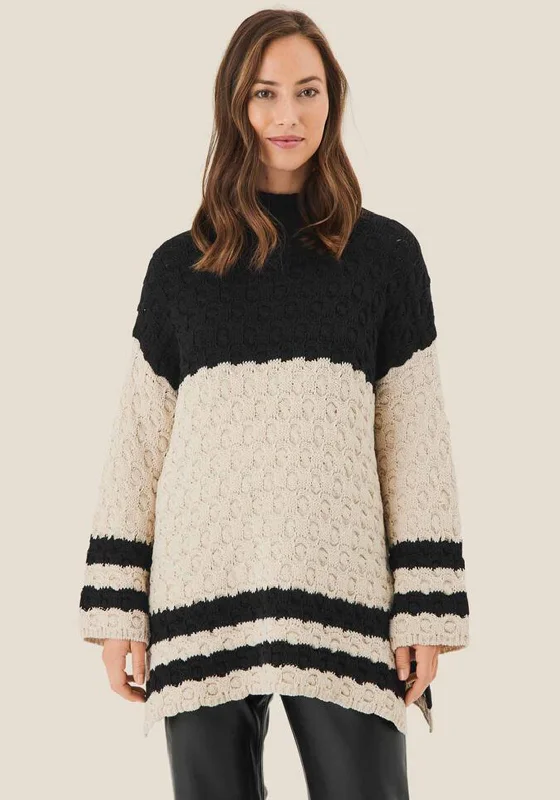 Masai Famosi Colour Block Chunky Knit Jumper, Black & White Embroidered Appliqued Beaded