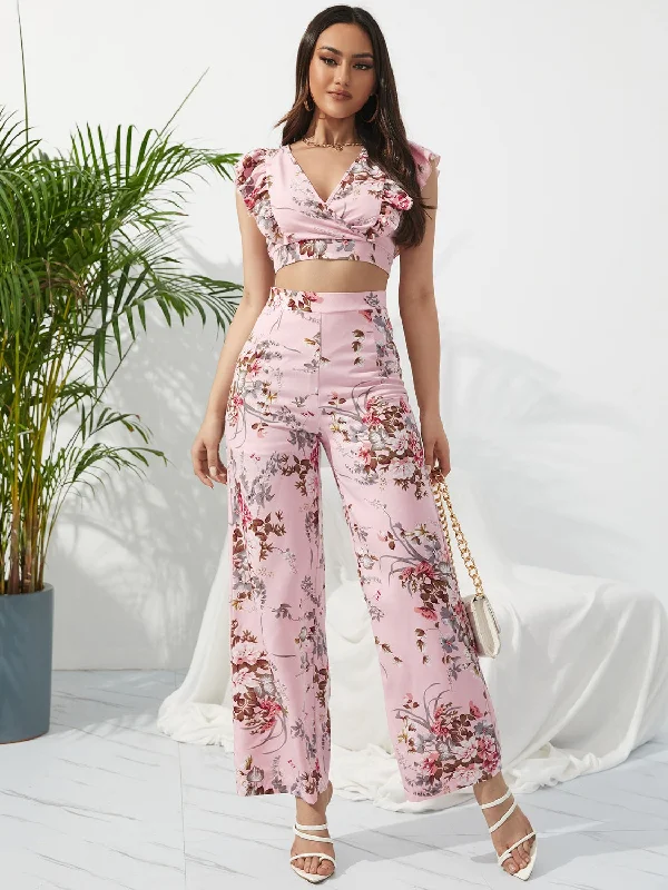 Hazel Blues® |  Printed Surplice Cap Sleeve Top and Pants Set Denim Trousers,