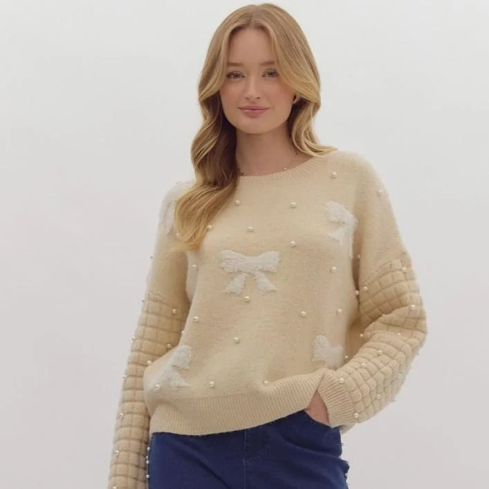 Round Neck Bow Sweater- Natural Cable Knit Ribbed Knit Lace Knit