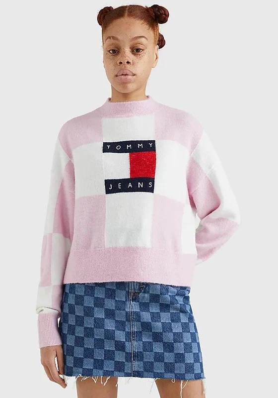 Tommy Jeans Womens Relaxed Check Sweater, Pink Multi Elasticated Padded Insulated