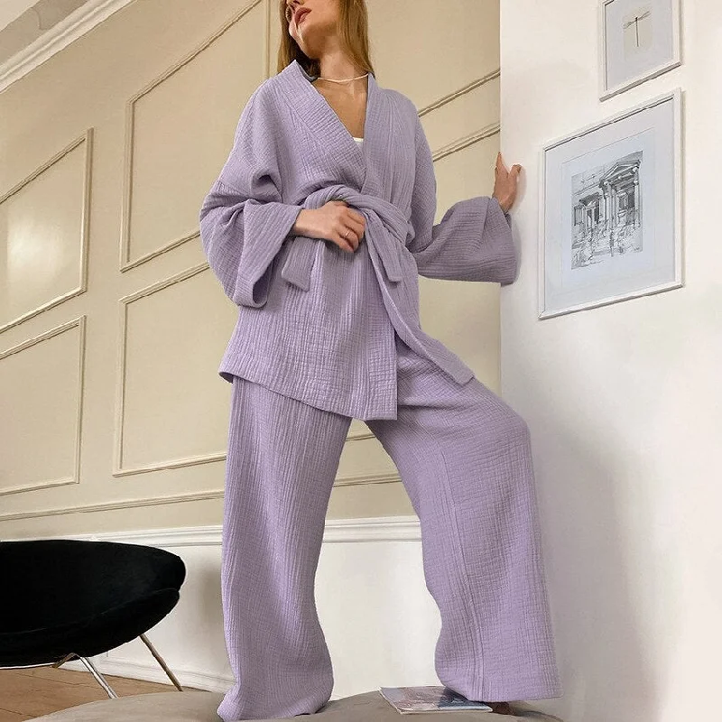 Kimono Pajamas 2023 New 100% Cotton Crepe Long-Sleeved Trousers Ladies Sleepwear Suit Women's Home Service Mujer Trousers Elastic Waist Soft