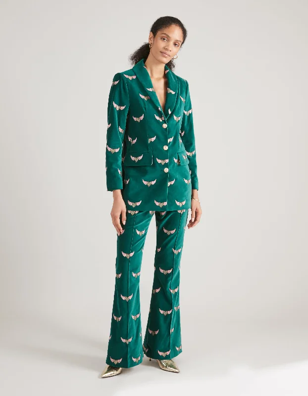 Kelly Green Velvet Flying Hearts Embroidered Trousers Trousers Modern Contemporary