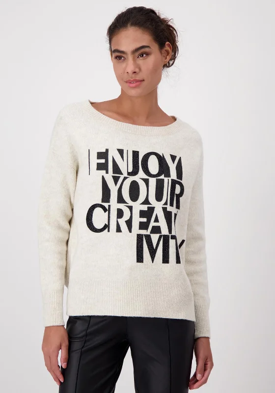 Monari Contrast Text Knit Sweater, Beige Terry Blend Velvet Blend Canvas Blend