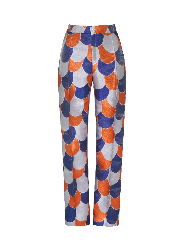 Hetty Blue Beach Print Silk Jacquard Trousers Trousers fashionable trendy