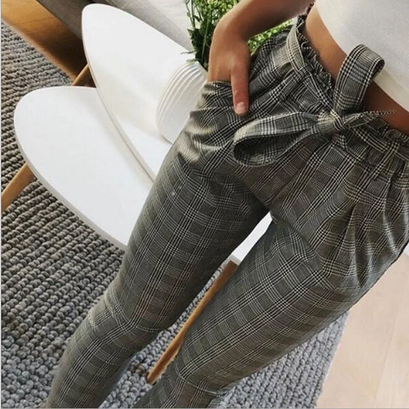 Casual Striped OL Pants Women Trouser High Waist Pant Pantalon Femme Bow Tie Pocket Pencil Pants Pantalones Mujer Cintura Alta Trousers Evening Elegant