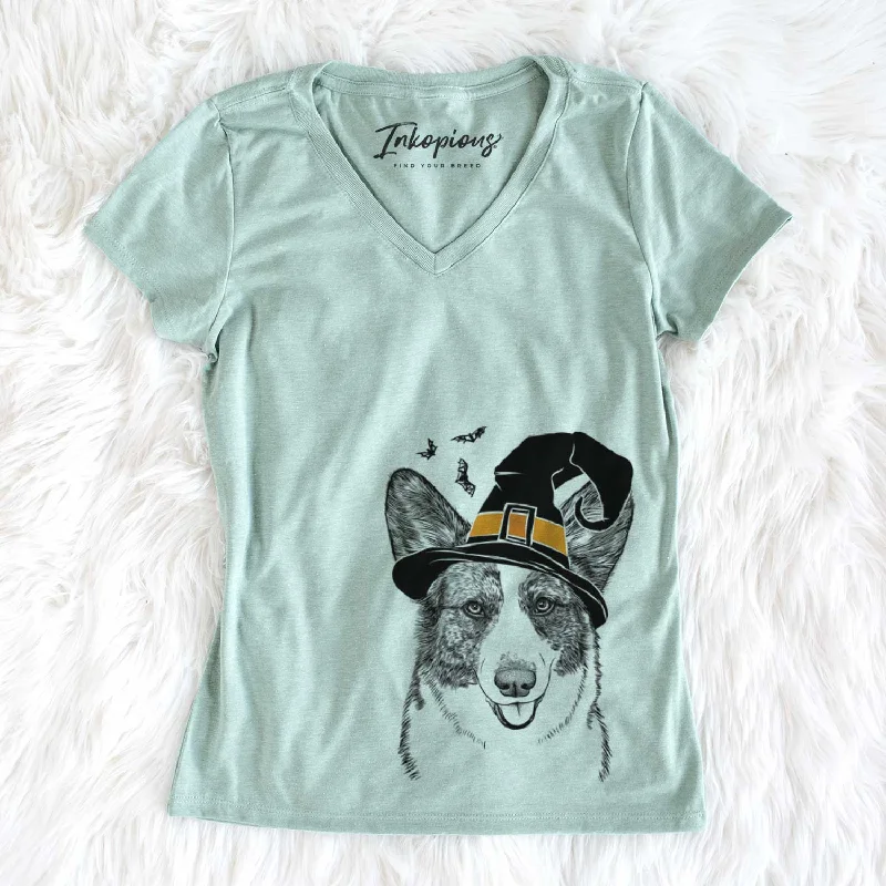 Witch Gabby the Cardigan Welsh Corgi - Women's V-neck Shirt Zippered Front Buttoned Front Snap Front