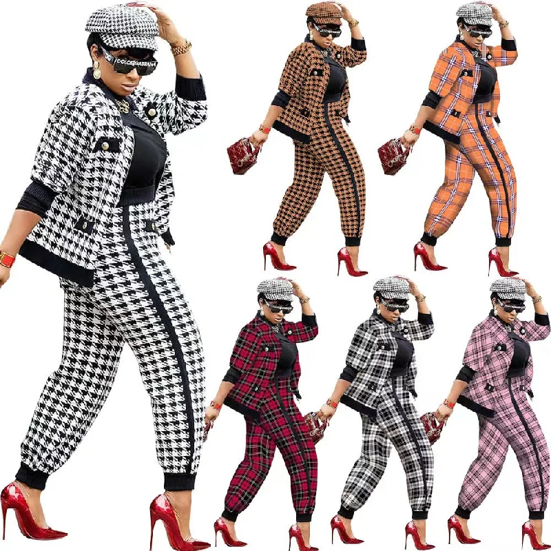 Wholesale fashion leisure suit Houndstooth button coat + trousers suit 2pcs（CL9740） Trousers Office Stylish