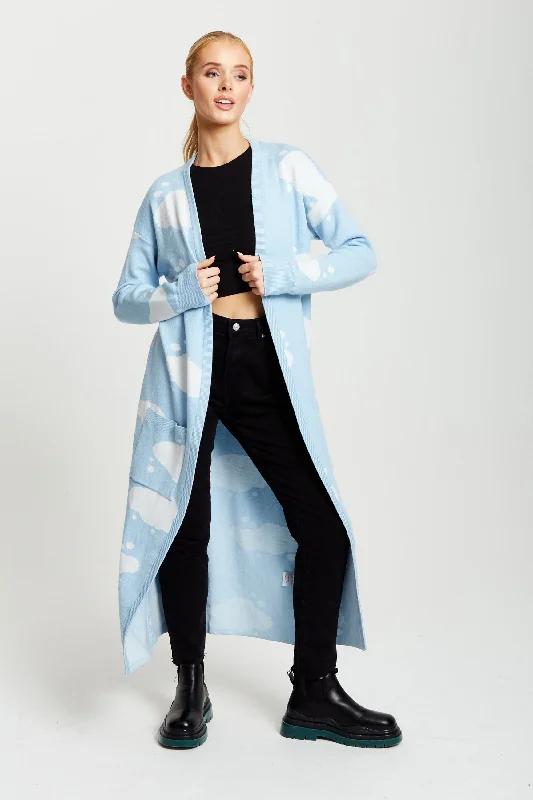 Liquorish Cloud Pattern Longline Cardigan In Light Blue Plaid Cardigan Polka Dot Checkered