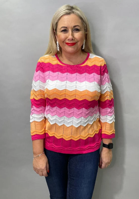 Micha Zig Zag Knitted Sweater, Pink & Orange Striped Floral Plaid