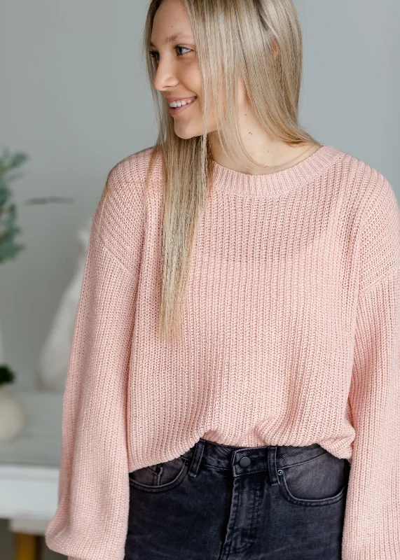 Blush Puff Sleeve Sweater Front Pockets Side Pockets Patch Pockets