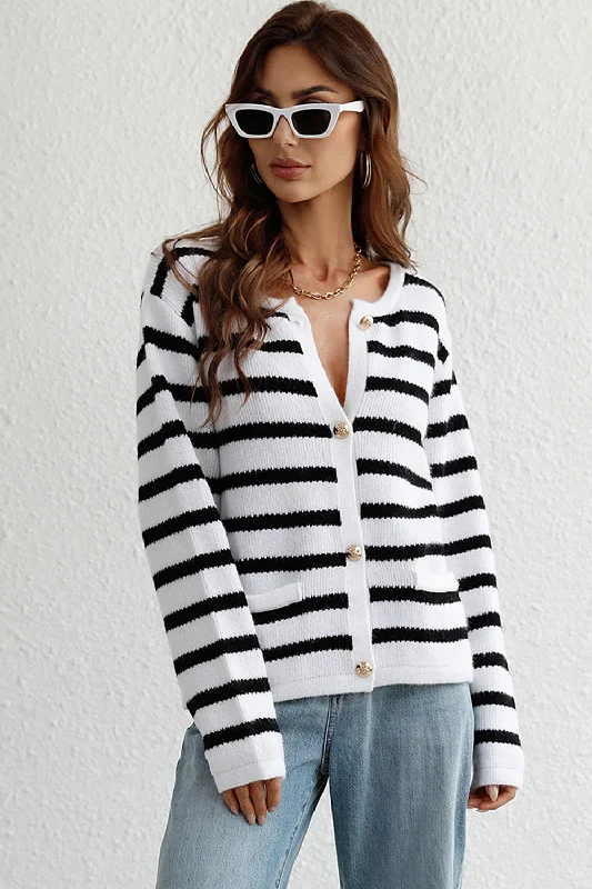 Hazel Blues® |  Striped Button Down Long Sleeve Cardigan Mesh Fabric Canvas Fabric Denim Fabric