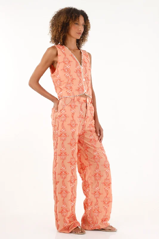 Women's Orange Straight-Leg Pants with Embroidery Quality Crop,