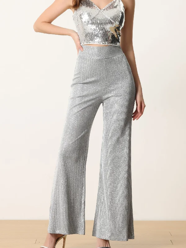 Women's Metallic Sparkly Wide Leg Pants High Waist Trousers Clubwear Trousers Chinos Classic